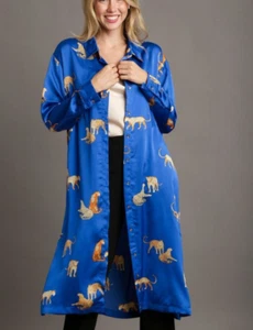 Umgee Midi Shirt Dress Royal Blue Animal Print Side Slit Long Sleeve - Picture 1 of 6