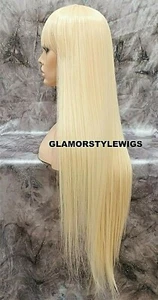 43'' FULL WIG LONG LAYERED STRAIGHT W BANGS BLEACH BLONDE HEAT OK #613 - Picture 1 of 6