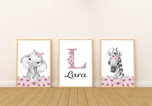 Personalised Girls Nursery Prints | Pink Animal Safari Prints, Flowers Baby Gift - Picture 1 of 6