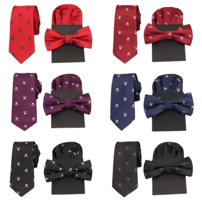 Corbata estampada con calavera para hombre preatada pajarita predoblada bolsillo cuadrado conjunto QN312 Foto 1 de 2
