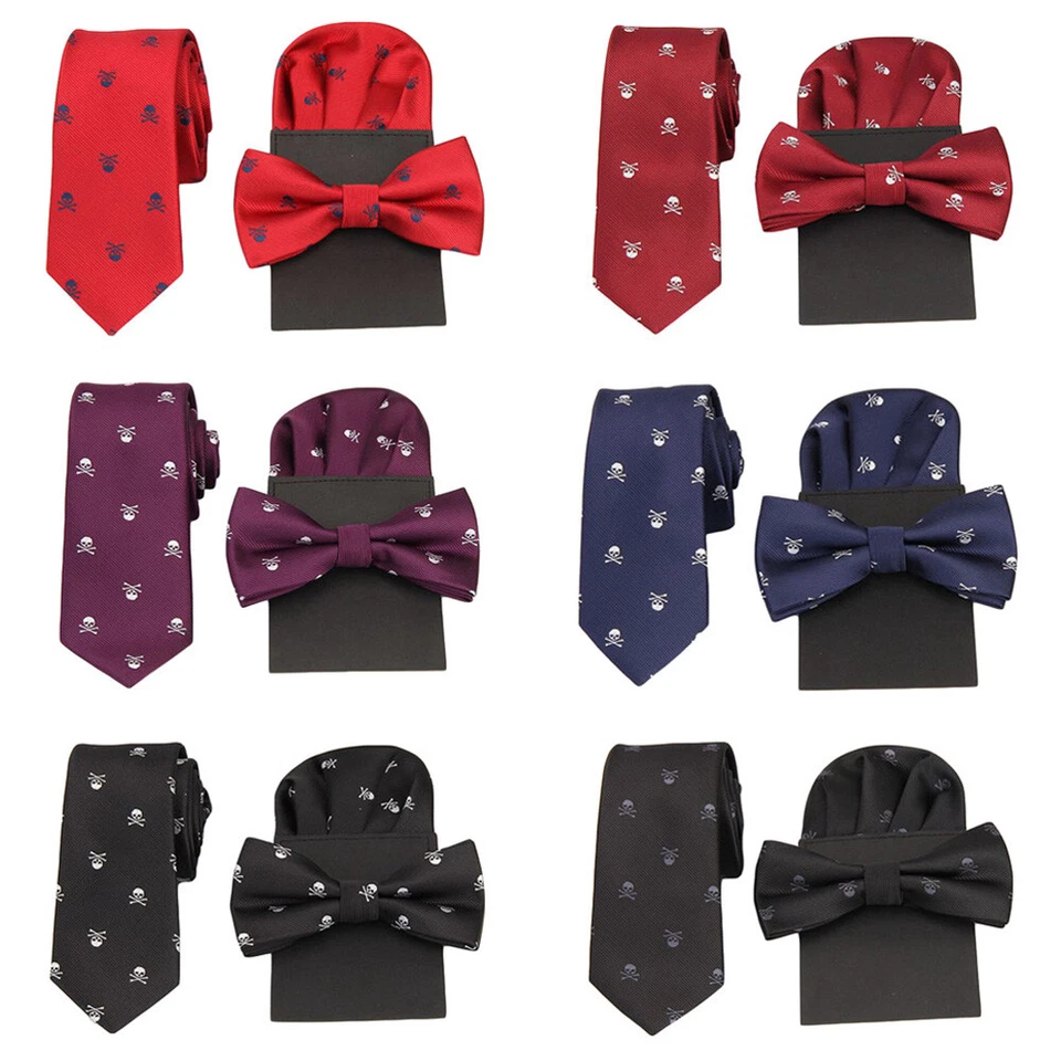 Corbata de esmoquin preatada con estampado de calavera para hombre conjunto cuadrado de bolsillo predoblado  Foto 1 de 2