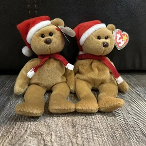 Ty 1997 Beanie Baby Plush Christmas Teddy Bear Santa Hat Holiday Lot Of 2 - Picture 1 of 7