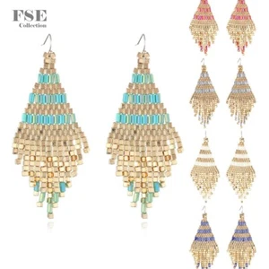 Pendientes colgantes de cuentas cuadradas Boho multicolor con cuentas largas 2586 - Imagen 1 de 16