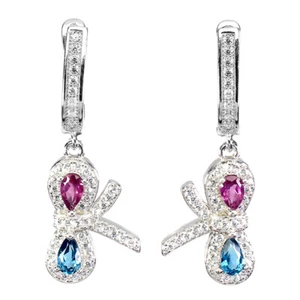 925 Sterling Silver Pear Topaz 5x4mm Rhodolite Simulated Cz Earrings - Picture 1 of 10