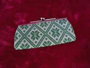 Vintage Green White Woven Leather Lined Kiss Lock Coin Purse - Picture 1 of 5