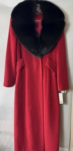Vintage Donatello Red Wool Long Coat w/ Genuine Fox Fur Collar Sz 12 - Picture 1 of 15