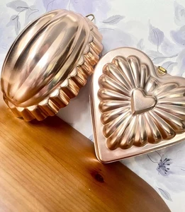 Vintage Rose Gold Heart and Scalloped Oval Aluminum Jello Mold Pan Set Coquette - Picture 1 of 8