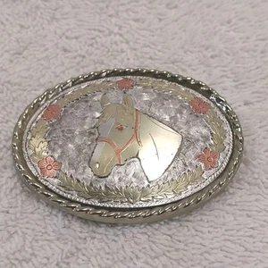 Vintage Western Style Belt Buckle Horse Themed Gold And Silver Tones 2" X 2 3/4" - Picture 1 of 7