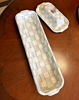 Mackensie childs Silver check tray 18" baguette bread & butter dish 9.5" - Image 1 of 4
