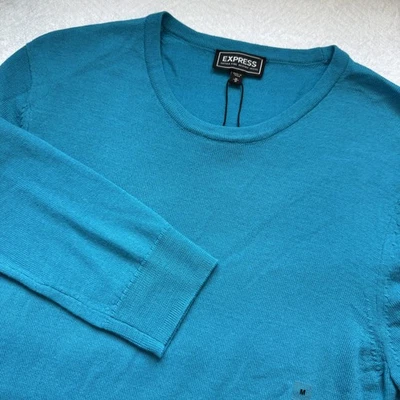 Express Sweater Mens Medium Blue Extra Fine Merino Wool Crewneck Pullover Knit - Image 1 of 4