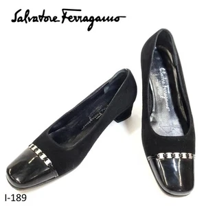 SALVATORE FERRAGAMO Vara Square Toe Pumps 5B Black Velvet Patent Heels Italy - Picture 1 of 14