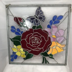 Vintage Floral And Butterfly Stained Glass Hanging Frame - Picture 1 of 14
