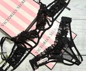 Victoria’s Secret Ziggy Glam Floral Embroidery Strappy Open-Cup Bra Set Black - Picture 1 of 5
