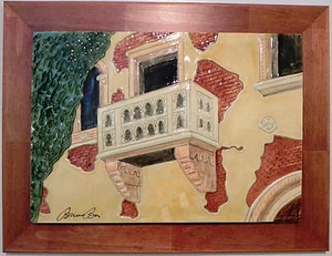 BRUNO BOVI QUADRO FORMELLE CERAMICA VERONA BALCONE DI GIULIETTA COLORI SU LEGNO - Foto 1 di 12