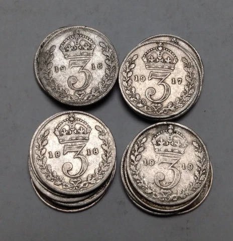 Lot of 4x Great Britain Silver 3 Pence - KGV Date Run - 1916 1917 1918 1919 3P Cover