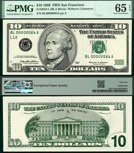 1999 $10 FRN FR-2033L PMG Gem 65EPQ Low Fancy Two Digit S/N BL00000064A - Picture 1 of 1