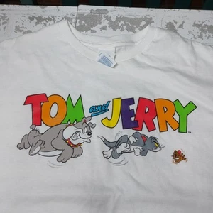 Vintage Tom & Jerry Hemd Herren Large Weiß Kurzarm Rundhalsausschnitt Spellout Y2K - Bild 1 von 9
