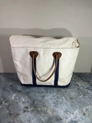De Colección Años 80/90 LL Bean Boat & Tote XL Cremallera Superior Lona Borde Azul con Asas de Cuero Foto 1 de 4