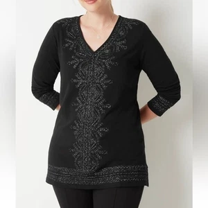 J. Jill Damen schwarz silber metallic Besatz Tunika Top Shirt Übergröße 2X Bohemian - Bild 1 von 14