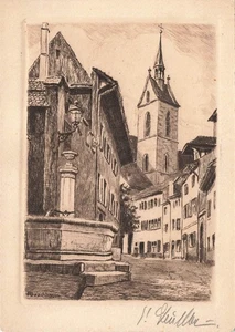 BASEL SWITZERLAND SCHWEIZ SUISSE ORIGINAL ETCHING HAND PRINTED POSTCARD 110225 U - Picture 1 of 2