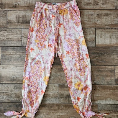 Zara Women's Sasha Pants, Pink Orange Floral Satin Tapered Tied Hem, Size Small - Image 1 of 4