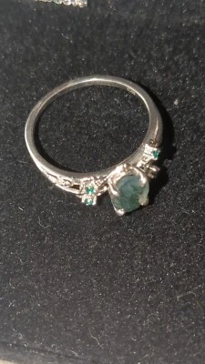 Anillo de compromiso talla 9 plata esterlina musgo ágata piedra conjunto con esmeraldas Foto 1 de 2