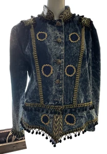 Unique Fiorelle Paris vintage denim jacket embellished w Gold Embroidery Sz M/L - Picture 1 of 16