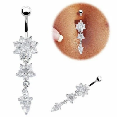 Belly Bars Button Piercing Bar Dangle Navel Body Jewellery Gem Ring Silver Gift - Image 1 of 4