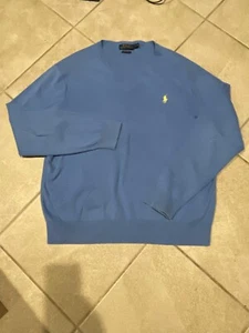 Polo Ralph Lauren Pima Cotton Sweater Mens Blue V Neck Long Sleeve Knit Large - Picture 1 of 5