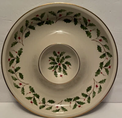 Lenox Dimension Holiday Collection Chip & Dip Plate Holly Berry 12"  Gold Rim - Image 1 of 4