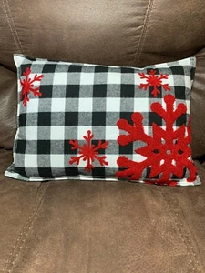 Handmade Winter Black White Check with Red Snowflakes Lumbar Throw Pillow Decor - Picture 1 of 1