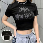 Rhinestone Spider Women Short Sleeve Crop O-neck T Shirt Black Punk