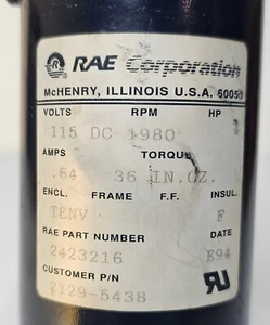 RAE Corp Motor 2423216 w/bracket 2129-5438 1980rpm .64A 115v DC 36 InOz Serviced - Picture 1 of 5