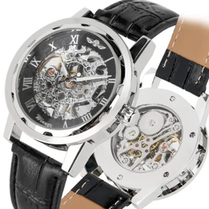 Winner Skeleton Mens Watch Transparent Case Wind UP Mechanical Wristwatch Luxury - Picture 1 of 9