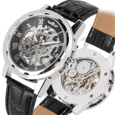 Winner Skeleton Mens Watch Transparent Case Wind UP Mechanical Wristwatch Luxury - Image 1 of 4