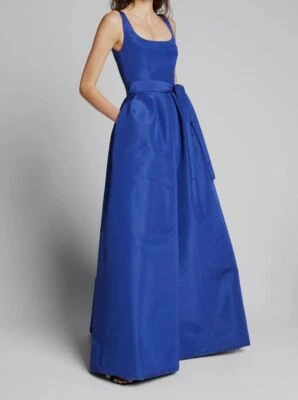 $3995 Monique Lhuillier Women's Blue Scoop-Neck Belted Silk Gown Dress Size 6 - Image 1 of 4