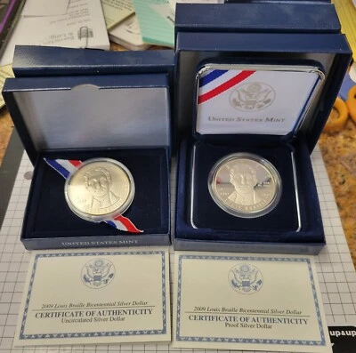 2009 Louis Braille Bicentennial Silver Dollar.  Uncirculated & Proof/ Box &Coa. - Image 1 of 4