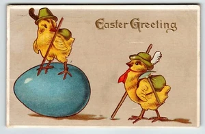 Easter Postcard Dressed Baby Chicks In Alpine Hats Giant Egg Winsch Back Ser 100 - Picture 1 of 2