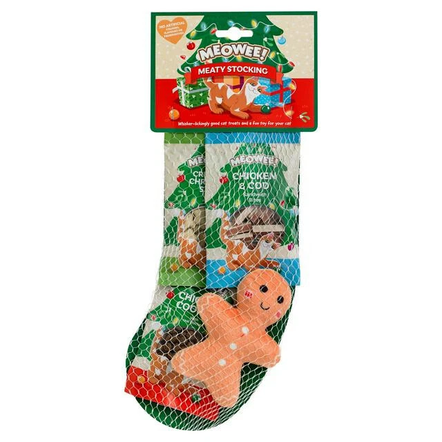 Meowee Meaty Cat Stocking Christmas Gift 3 Packs Of Meaty Treats & A Catnip Toy - Image 1 of 2
