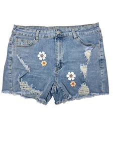 SOLY HUX Damen hohe Taille Denim Jeans Shorts Taschen blau Blumen XL KOSTENLOSER VERSAND - Bild 1 von 2