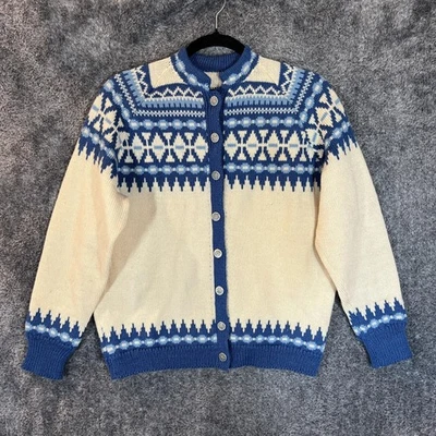 Nordic Fair Isle Cardigan Sweater Mens Medium Blue Cream Button Front Knit - Image 1 of 4