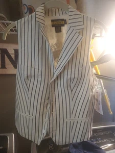 Ralph Lauren Rugby WOMEN Vest sz 6 Cream Pinstripe Cotton Linen Button up Buckle - Picture 1 of 5