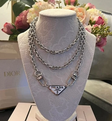 PRADA White Triangle Logo Charm Pendant/ Silver Tone/ Stamped/ Oval Cable Chain - Image 1 of 4