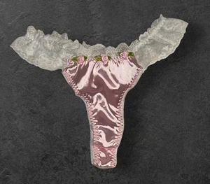 Pink Shiny Satin White Lace Trim Ruffle Flutter Thong Panties M New - Picture 1 of 9