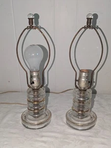 Vtg Pair MCM Art Deco Glass With Gold Bands/ Trim Small Boudoir Accent Lamps - Picture 1 of 8