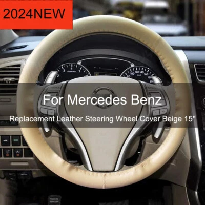 For Mercedes Benz Car DIY Perforated Steering Wheel Cover Leather Beige 15" - Image 1 of 4