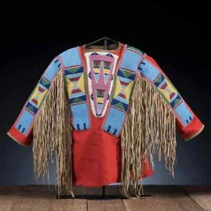 Old Style Beaded Hand Colored Buckskin Suede Hide Powwow Regalia Shirt NS67 - Picture 1 of 3