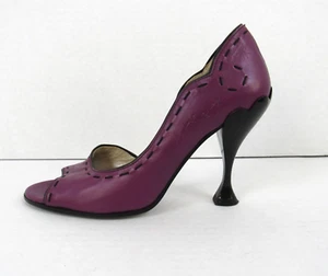 John Fluevog Hepburn Purple Leather Black Stitching Pumps Heels Open Toe - Picture 1 of 13