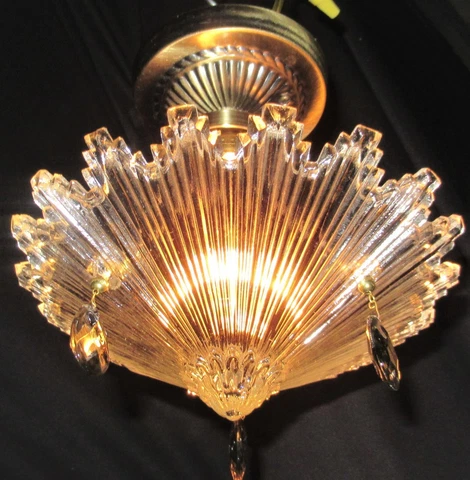 VTG STAR BURST 3 CHAIN GLASS SHADE CEILING CHANDELIER FIXTURE SMOKY CRYSTALS Cover