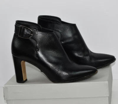 Max Mara Sz 37.5 Black Leather 3" Block Heel Booties Ankle Boots Italy Buckle - Image 1 of 4